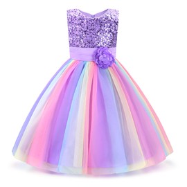 Uhnice Little Girl's Sequin Sleeveless Mesh Rainbow Dress for Wedding Party (6 Years, Purple)