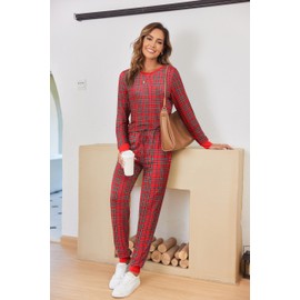 Ekouaer Women's Pajamas Sets Long Sleeve Pjs Soft Sleepwear O Neck 2 Piece Joggers Loung Set with Pockets Red Plaid Small