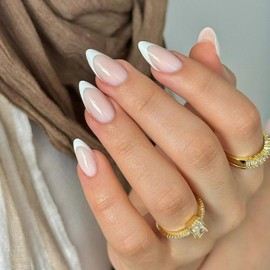 KQueenest 30Pcs White French Tip Press on Nails Short Almond, 15 Sizes Nude Fake Nails Press ons, Natural Medium Short Gel Nails Acrylic with Design, French Tip Nails False Nails for Home DIY