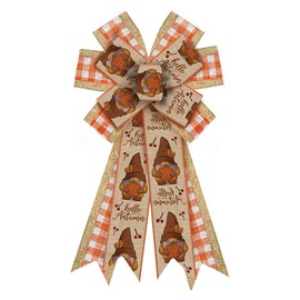 Large Fall Bow for Wreath, Burlap Orange White Buffalo Plaid Wreath Bow for Autumn Décor Gnome Autumn Bow for Front Door Indoor Outdoor Wall Tree Topper Decoration Supplies Thanksgiving Ornament