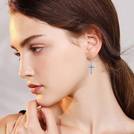 Opal Cross Earrings for Women 925 Sterling Silver Leverback White Opal Dangle Cross Earrings for Girls, Sterling Silver