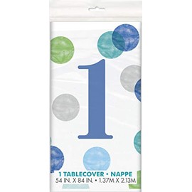Blue Dots 1st Birthday Table Cover (137cm x 213cm) - Charming Rectangular Plastic Tablecloth - Perfect for Your Little's Celebrations - 1 Pc, 54" x 84"