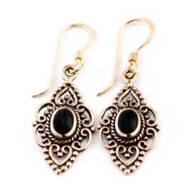 WINDALF Daniu Earrings 3.6 cm Onyx Bronze, Fabric jewellery bag, Onyx
