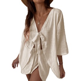 Two Piece Long Sleeve Outfits for Women Short Sets Women 2 Piece Outfits for Vacation Holiday Beige S