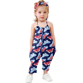RAISEVERN Toddler Halter Jumpsuit Romper American Flag Girl Clothes 4th of July Slouch Jumpsuits Kid Jumpers Summer Outfits Beach Party Patriotic Size 2T 3T