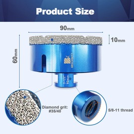 3-1/2 Inch Diamond Core Drill Bit for Porcelain Tile Ceramic Marble Granite Drilling,BRSCHNITT 1pc Vacuum Brazed Diamond Hole Saw with 5/8-11 Thread (90mm)