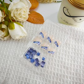 24Pcs Summer Fake Toenails Blue Press on Toe Nails with Gold Foil Designs Reusable Acrylic Toe Nails Short False Toenails Full Cover Stick on Toenails for Women Girls Summer Nail Art Decoration