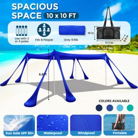 VIONMI Beach Canopy Beach Tent Pop Up Shade 10x10ft Sun Shelter UPF50+ with 8 Sandbags-2 Sand Shovel-4 Aluminum Poles-Ground Pegs-Portable Carrying Bag for Outdoor Family Camping Fishing Yard Picnic