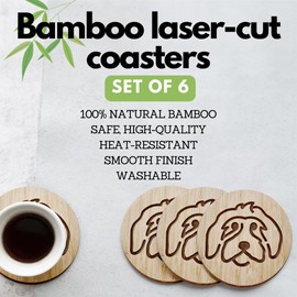 Set of 6 Bamboo Coasters with Holder - 3.9" Fun Dog Coasters - Non-Stick Absorbent Engraved Laser-Cut Coasters with Dog Face - Durable, Washable - Designed in The U.S. (Doodle)