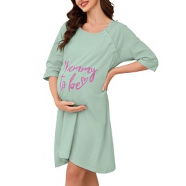 Vlazom Women 3 in 1 Cotton Nursing/Delivery/Labor/Maternity Nightgown Half Sleeve Breastfeeding Sleep Dress Hospital Gown Sleepwear with Buttons Light Green,L