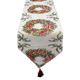 Trimming Shop Christmas Table Runner Wreath Woven Long Cotton Linen Woven Table Runner with Tassel for Holiday Festive Season Home Christmas Table Decoration, 180cm x 35cm