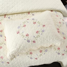 vctops 2-Piece Elegant Floral Embroidered Pillow Shams Queen Size 100% Cotton Quilted Decorative Pillow Shams Set (Cream B,20"x28")