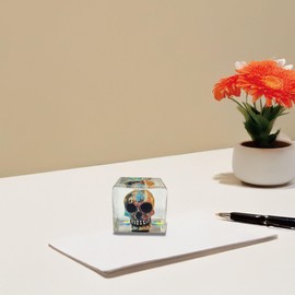 GiftsOGifts Graffiti Grunge Skull Paperweight, Hand-Painted Resin Cube with Artistic Splatter Design, Multicolor