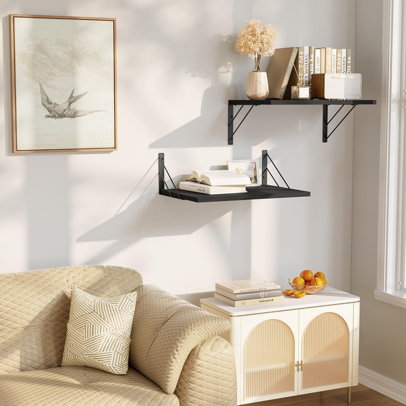 Love-KANKEI Wide Deep Floating Wall Shelves Set of 2,16"x12",Wood,Black