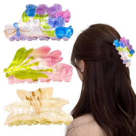 3Pcs Flower Hair Claw Clip Fashion Summer Beach Medium Hair claw clips Strong Hold Hair Jaw Clips Hair Barrettes Hairpins Hair Ponytail Holder Decor Hair Accessories for Women Girls Thin