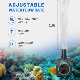 Knifel 200GPH Submersible Water Pump(750L/H,16W),Ultra Quiet Fountain Pump with 5.2ft. High Lift,Pond Pump for Fish Tank, Pond, Aquarium, Statuary, Hydroponics.