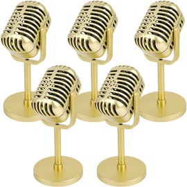 5 Pcs Microphone Props Model Retro Vintage Microphone Prop with Stand Fake Microphone Pretend Mic Centerpiece for Hip Hop Cosplay Music Party Decorations (Gold)