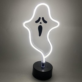 Luz LED de neón de Halloween, letreros de neón de calabaza brillante con base de soporte, luz de mesa USB o con pilas, decoración de Halloween para recámara, computadora o fiesta (fantasma)