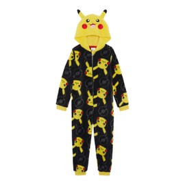 Pokémon Boys or Girls Hooded Fleece Onesie, Kids All in One Pyjamas, Pikachu, Black, Age 3-4 Years