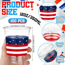 Pickmesh 100 Pcs 12oz 250 Anniversary Patriotic Cups Plastic Memorial Day Cups Bulk 4th of July Cup Disposable Red White Blue Cup for Independence Day American USA Party Supplies(American Flag)