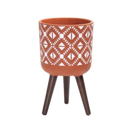 D'vine Dev 10 Inch Planter Pot with Stand, Mid-Century Tall Plant Pot with Legs for Indoor Plants, Pottery Red Terracotta/White, 88-G-B-5