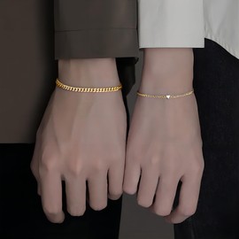 Matching Bracelets for Men Women 2 Pcs Matching Couple Bracelets Peach Heart Bracelets Silver Gold Cuban Chain Bracelets Pinky Promise Friendship Bracelets for Couples Couples Jewelry (gold)