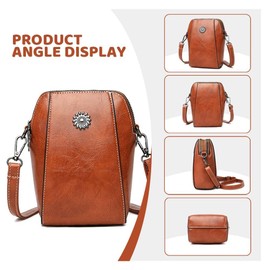 Leather Crossbody Bags,Handbags & Shoulder Vertical Phone Anti Theft Travel Bags,Retro Brown Adorned With A Metallic Sunflower Buckle,Stylish And Versatile