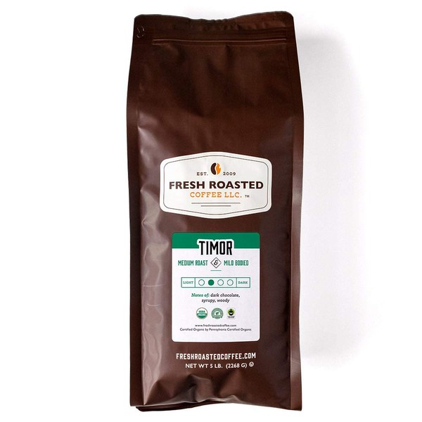 Fresh Roasted Coffee, Organic Timor, 5 lb (80 oz), Medium Roast, Fair Trade Kosher RFA, Whole Bean