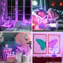 Purple Butterfly Neon Sign Lights - 2 pack Butterfly Decorations for Girls Bedroom Battery/USB-Powered Purple Room Decor, Aesthetic for Room, Home, Party, Nursery