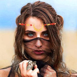 Flimire Boho Crescent Moon Head Chain Vintage Crystal Headpieces Chains Witchy Rhinestone Foreheaed Accessories for Women (Gold Red, Free Size)