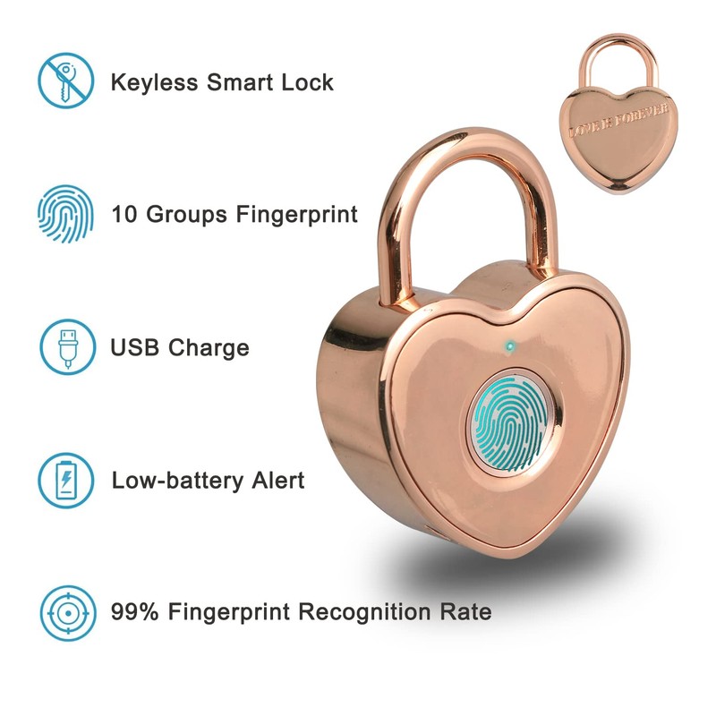 Tcyoatoa Heart Shaped Fingerprint Padlock, Small Smart Padlock for Gym