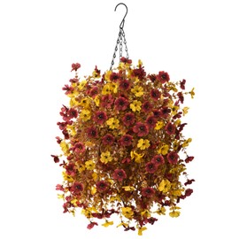 Artificial Faux Mums Hanging Flowers Plants Basket for Outdoor Decoration,Fake Silk Orange Planter UV Resistant Look Real for Home Porch Porch Patio Garden Outside Spring Summer Decor (Yellow Brown)