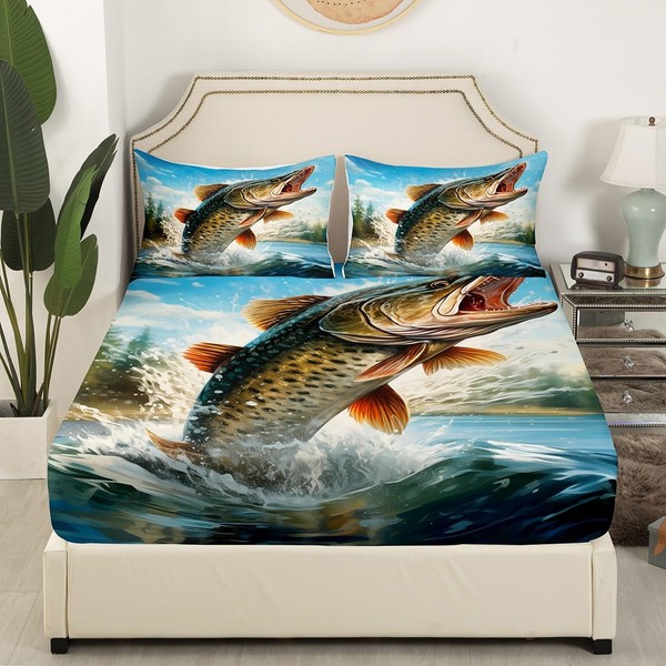 Feelyou Big Pike Fish Fitted Sheet Hunting and Fishing Themed