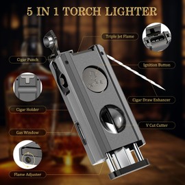 XIFEI 5-in-1 Cigar Lighter with Triple Jet Flame, Refillable Butane Torch Lighters with Cigar Cutter V Cut, Cigar Punch, Cigar Holder, Cigar Draw Enhancer, Cigar Accessories for Men (Gray)