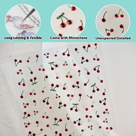 CESTSIREN Cherry Rhinestone Nail Art Stickers,Embossed Cute Nail Decals, Self-Adhesive, Summer Spring Accessories for Women, Nail Decorations
