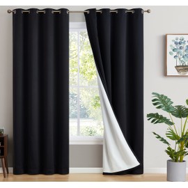 HLC.ME Dakota 100% Complete Blackout Lined Drapery with Double Layer Thermal Insulated Heat/Cold Blocking Window Curtain Grommet Panels for Bedroom & Living Room, 2 Panels (52 W x 72 L, Black)