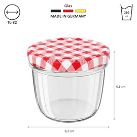 Wellgro® Preserving Jars with Screw-On Twist Off 82 Checked Lids 230 ml 8.5 x 6.5 cm Diameter x Height Glass / Metal Red Made in Germany Various Quantities Available