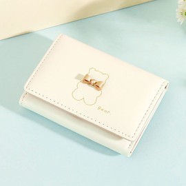 SUMGOGO Womens Girls Wallet Cute Bear Trifold Wallet Leather Purse Small Slim Short Wallet Cash Card Holder Bag (2-Bear Beige)