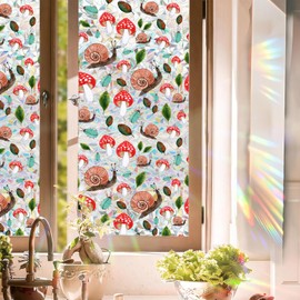 Stained Glass Window Cling,Rainbow Tinted Window Film Sun Blocking,Birds Window Privacy Stained Glass Stickers，Mushroom Stained Glass Window Decal for Home (H, 17" W x 78.74" L)