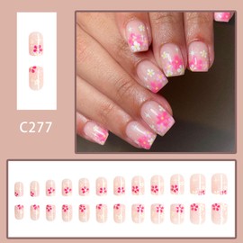 Flower Short Fake Nail, Short Shiny Fresh Manicure False Nails, Multicolored Flowers, Gentle and Sweet Glossy Fake Nails,Comfortable Fit Stick on Nails,Long Lasting Full Cover Press on Nails