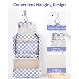 Narwey Checkered Hanging Toiletry Bag Women Travel Toiletries Bag Cosmetic Makeup Bag Water-Resistant Organizer for Girls (Grayish Blue Checkerboard)