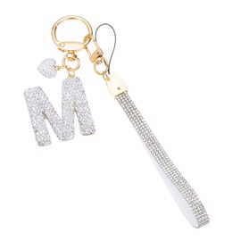 PATIKIL Bling Letter Keychain, Sparkly Initial Keychains Diamond Letters Key Wristlet for Girls Women Bag Decorations Car Backpack Accessories, Silver-M