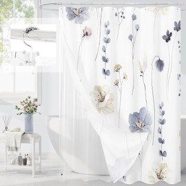 Gibelle 3 in 1 Shower Curtain Set, Grey Watercolor Floral Bath Curtain and PEVA Liner Set with 12 Double Sided Steel Hooks, Waterproof Fabric Bathroom Curtain 72x72