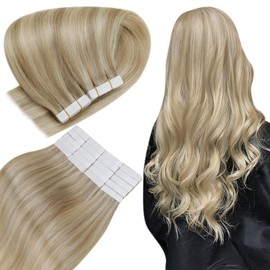 Easyouth Tape in Hair Extensions Human Hair Highlight Caramel Blonde Mixed Light Blonde Real Hair Glue in Hair Extensions Skin Weft Tape in Human Hair Extensions Blonde 18Inch 20pcs 40g