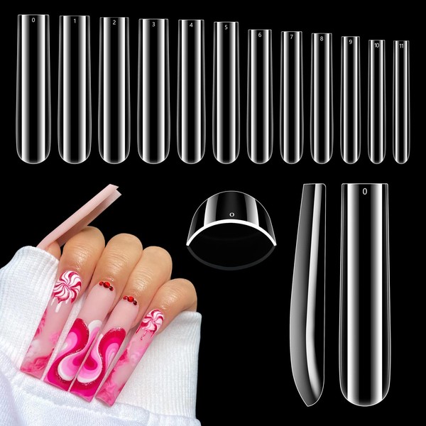 Clear Nail Tips for Acrylic Nails Professional, 504Pcs XXXL Extra Long Tapered Square Acrylic Nail Tips, Full Cover Fake Nails False Nails, Nail Extension for Manicure Salon Home DIY Nail Art 12 Sizes