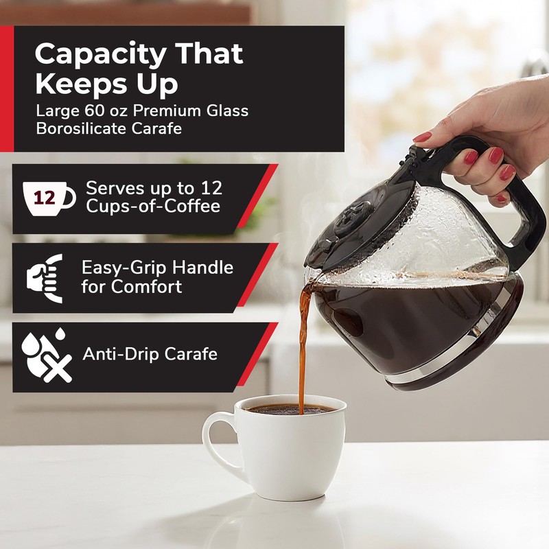 Mueller 12-Cup Drip Coffee Maker - Borosilicate Carafe, Auto-Off, Reusable
