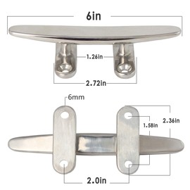 VEITHI 6 inch 316 Stainless Steel Dock Cleat Marine Boat Open Base Flat Top (2 Pack), Include Installation Accessories 316 Screws