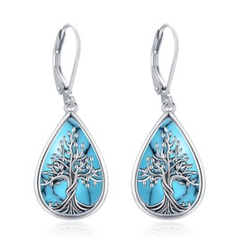 Eusense Tree of Life Earrings Water Drop Tree of Life Earrings with Drop Hooks Family Turquoise Jewellery Gift for Women Girls, Sterling Silver, Turquoise