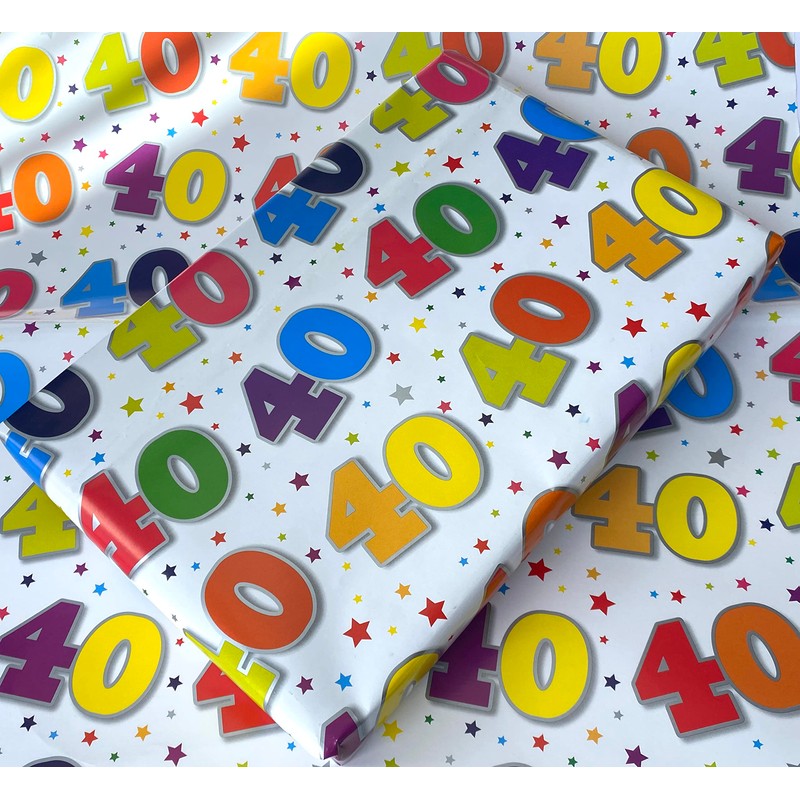 40th Birthday Wrapping Paper, 2 Sheets and 1 Matching Tag