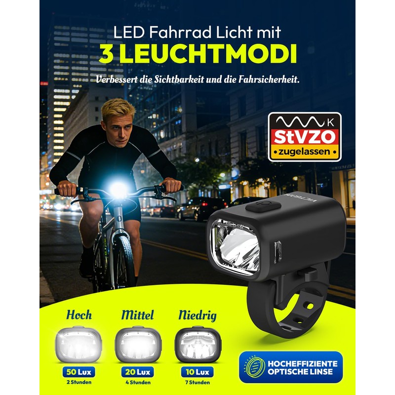VICTGOAL Lampada anteriore per bicicletta omologata StVZO, 50 Lux LED